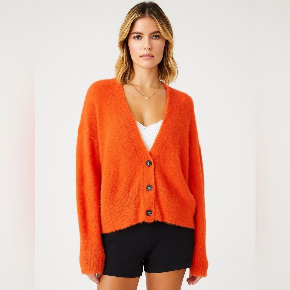 Free People Orange Cardigan Sweater Oversized Small Comfy Fall Chic Cozy Fuzzy